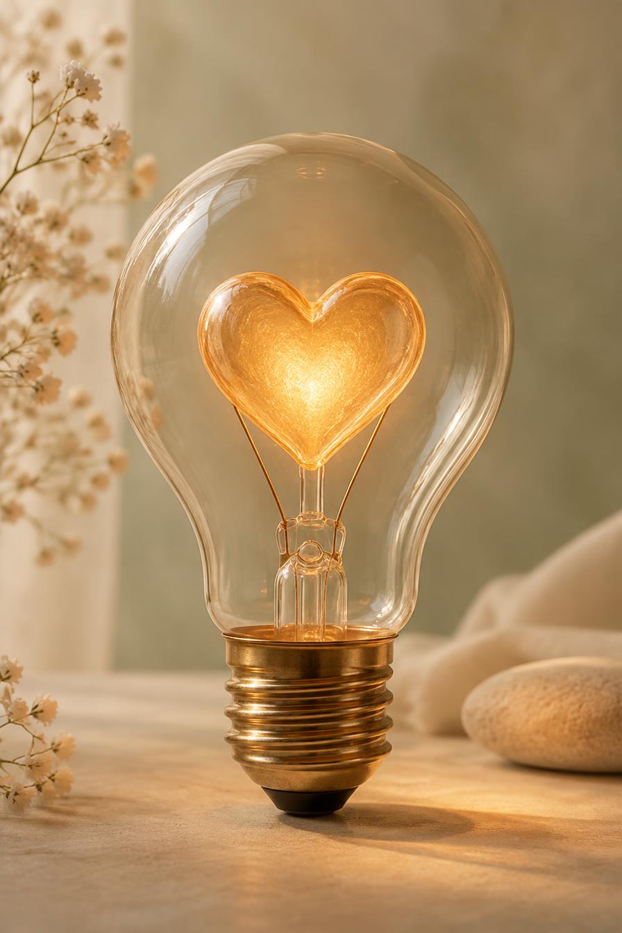 A glowing heart inside a light bulb, expressing a mother's intuition